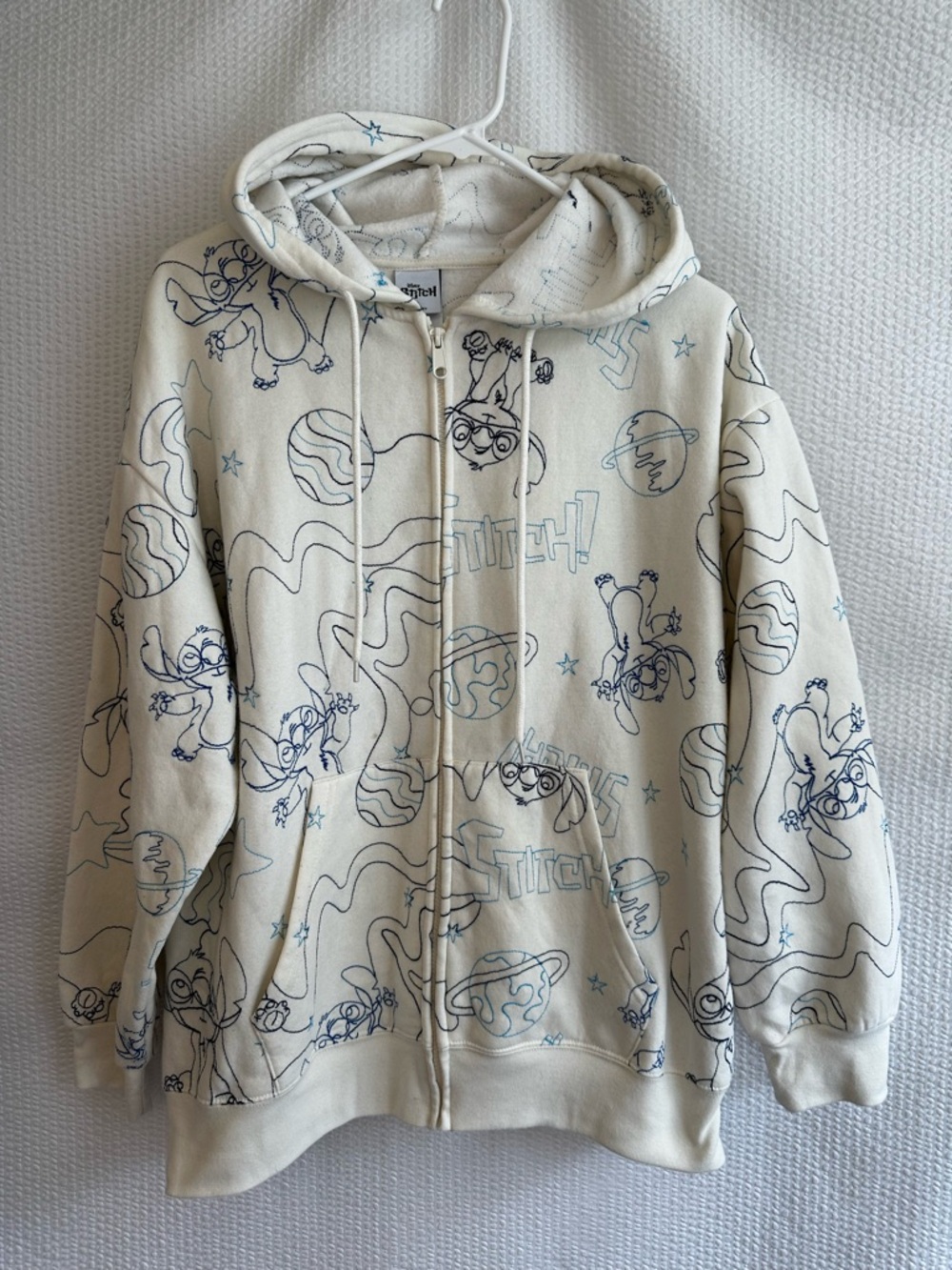 DISNEY STITCH Cream Blue Embroidered Full Zip Hoodie Jacket Women’s XL Soft